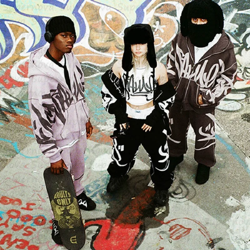 

Gothic Design Sense Sweatshirt Autumn Retro Street Print Long-Sleeved Hoodie Fashion Leisure Hip-Hop Baggy Y2k Zipper Hoodie Set