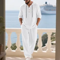 Nouvel ensemble pull à capuche en lin pour homme - coupe ample, chemise décontractée confortable à manches longues et pantalon large - tenue de plage estivale 6