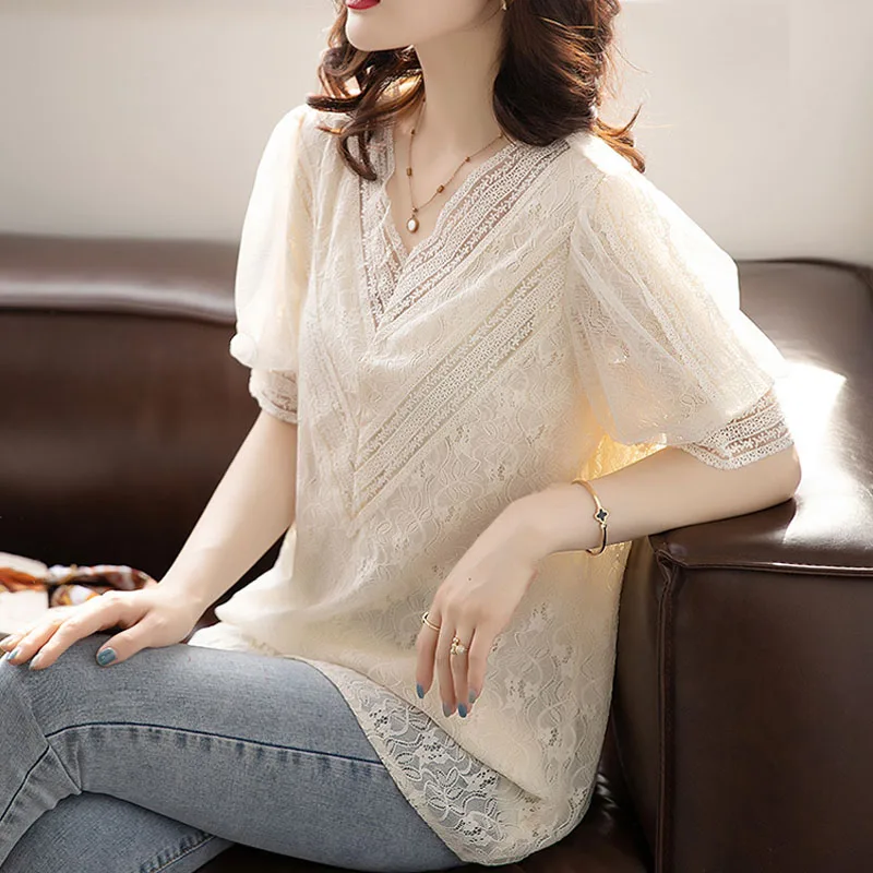 

Женская кружевная блузка с коротким рукавом, свободная блузка с V-образным вырезом и цветочным принтом, большие размеры, лето 15461
