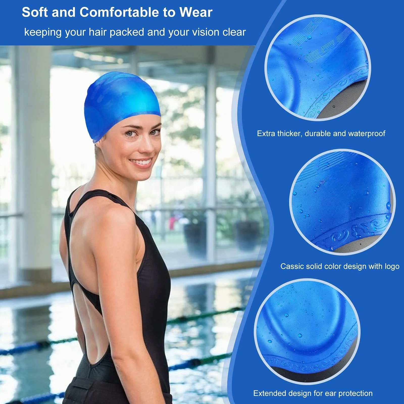 Professional Durable Silicone Swimming Cap with Ear Pockets for Adults and Teens Protects Long Hair and Provides High Elasticity 3