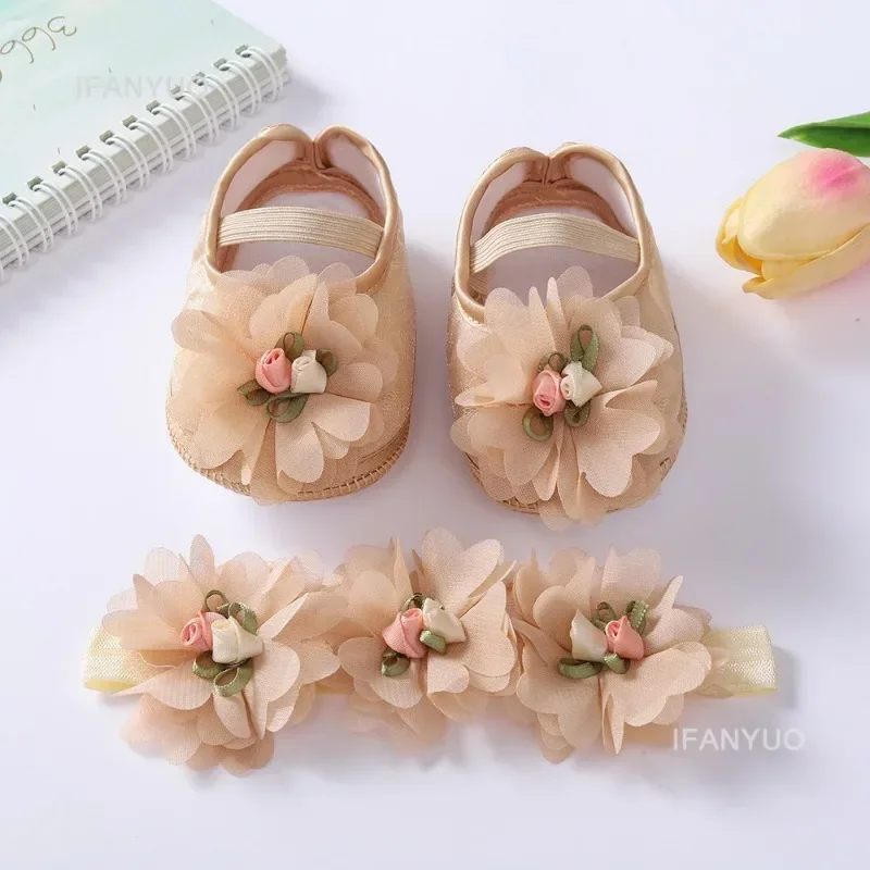 Spring Autumn Soft Sole Baby Shoes Hairband Set Baby Shoes 0-1Year Old Newborn Princess Rose Flower Dress Shoes Birthday Gift 5