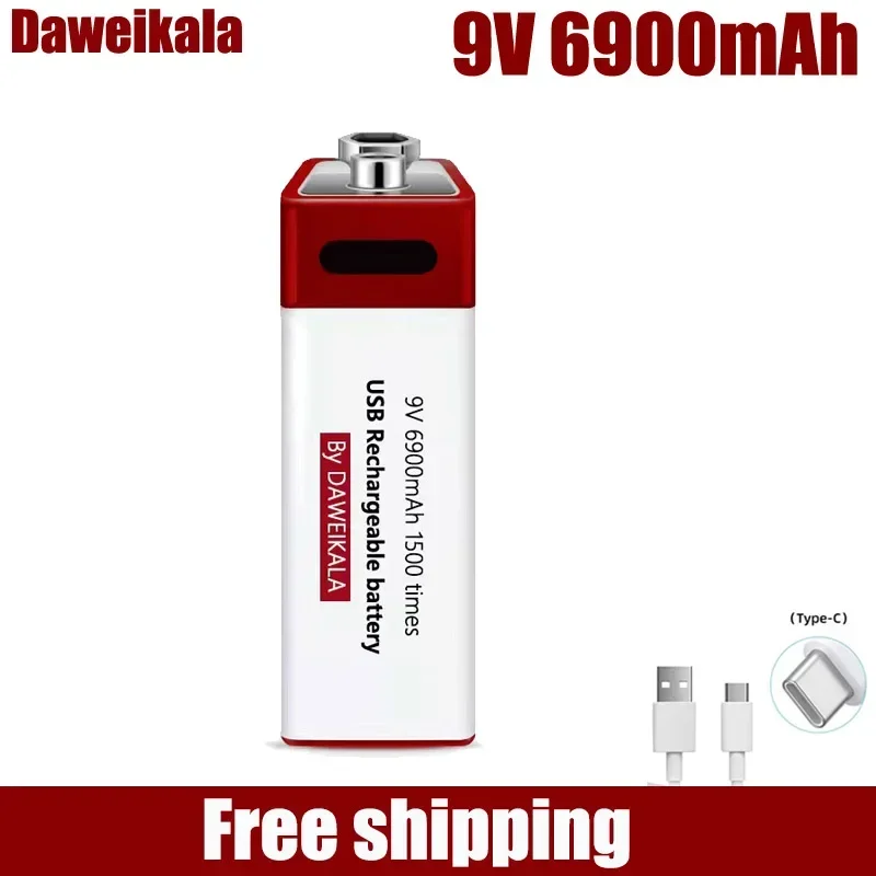 9V 6900mah lithium ion rechargeable battery type-C USB multimeter lithium microphone metal detector + cable