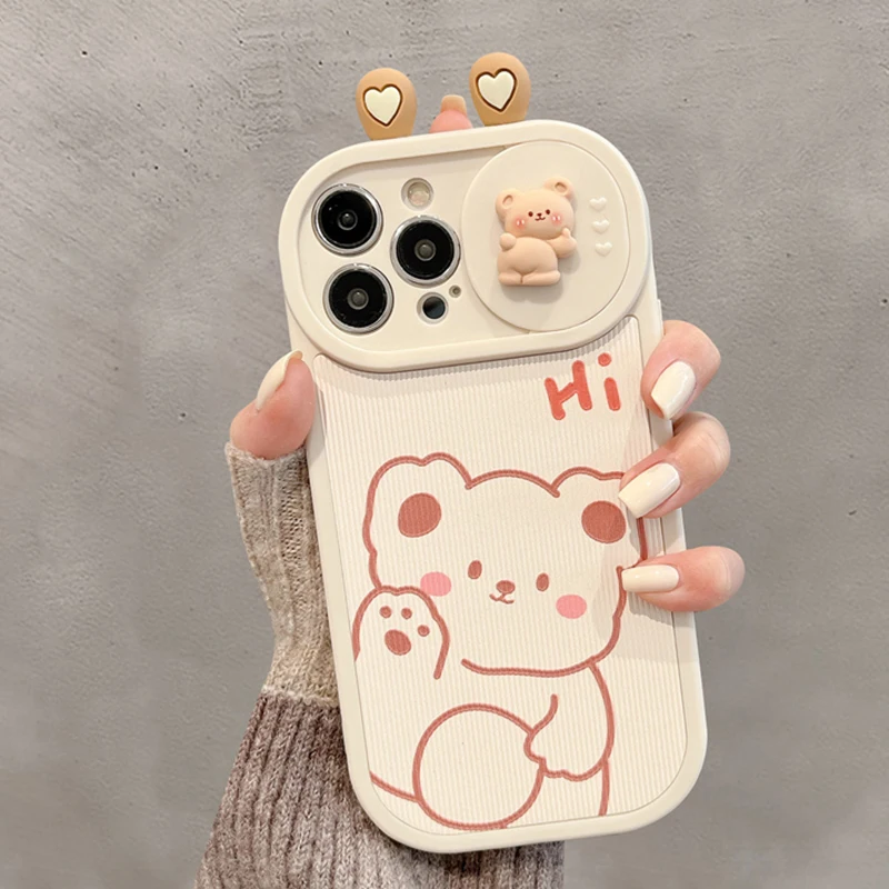 Cartoon 3D Ears Bear Rabbit Custodia Protettiva Per Obiettivo Della Fotocamera Push-Pull Per Iphone 14 13 12 11 Pro Max 14 Plus Custodia Antiurto