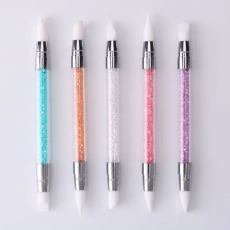 Nail Art Tools Nail Art Pen Nail Art Brush 1 Pcs Dual-Ended Silicone Head Carving Dotting Pen Nail Art Brushes Rhinestone Crystal Handle Tool For DIY Gel Manicure Tools