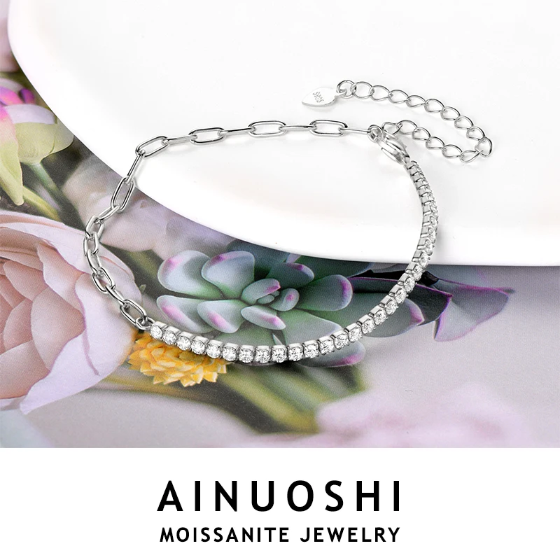 

AINUOSHI 2MM Moissanite Tennis Bracelet Original 925 Sterling Silver Paperclip Chain Bracelets for Women Man Birthday Gift