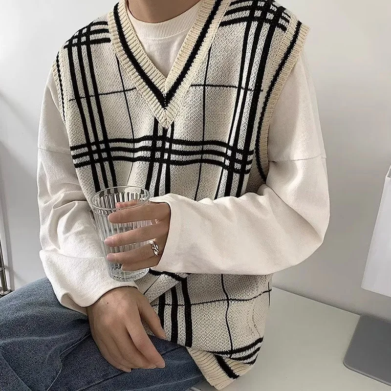 New Sleeveless Knitted Spring And Autumn Korean Edition Men's And Women's Academy Style Trendy Checkered V-Neck Loose Sweater