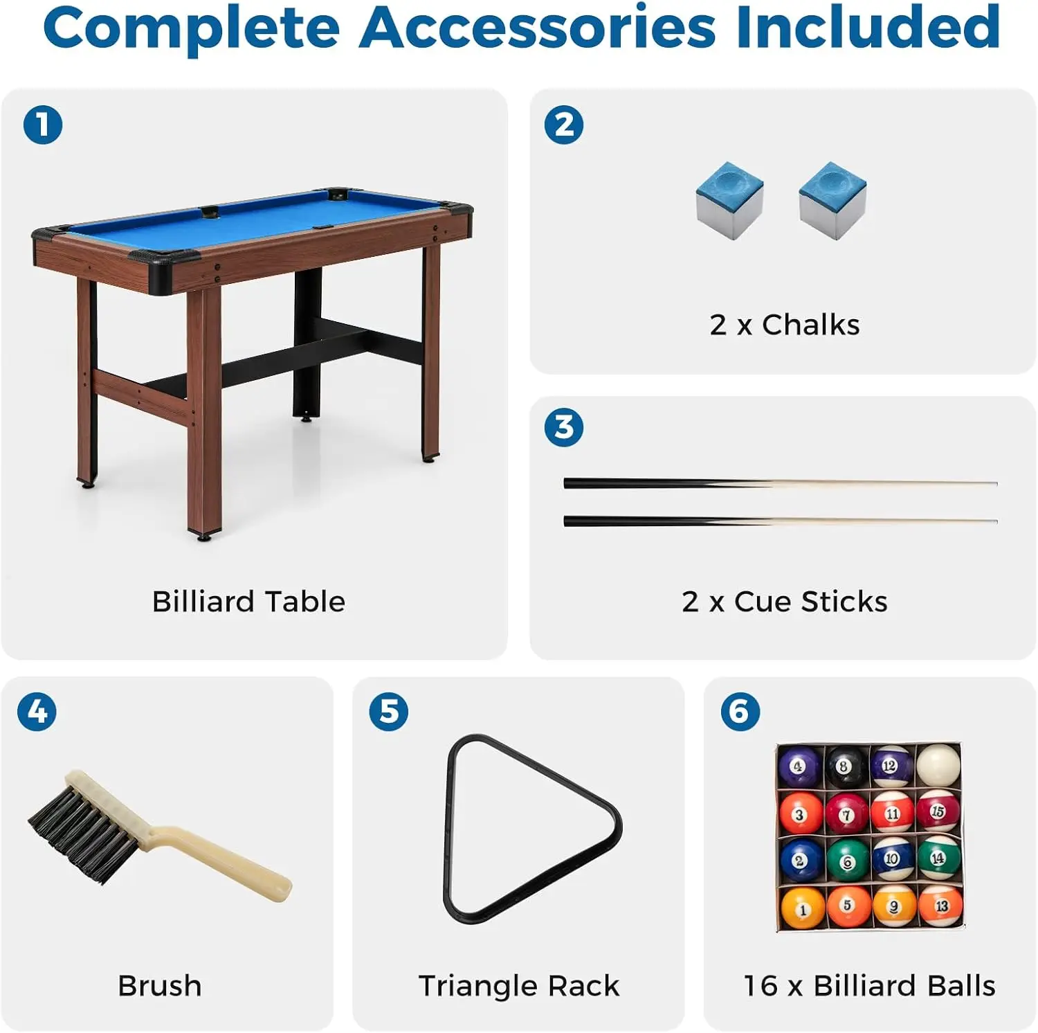 Pool Table, 48 Inch Wooden Billiard Tables with 16 Balls, 2 Cue Sticks, 2 Chalks and Brush, Snooker Table Mini Pool Table for Ki
