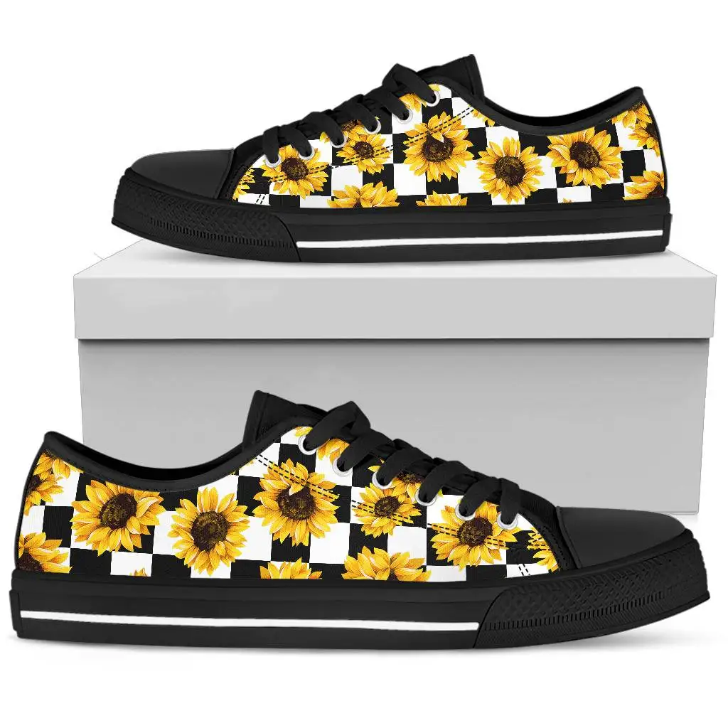 Checkboard Sunflower Prints Black White Women Summer Casual Sneakers Lace Up Canvas Vulcanized Flat Shoes Zapatillas Mujer