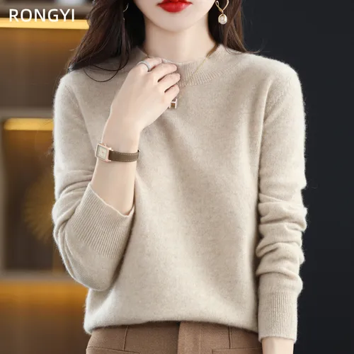 RONGYI-100% 순수 울 하프넥 풀오버, 가을/겨울 캐시미어 스웨터, 여성 캐주얼 니트 탑스, 여성 자켓, 한국 패션 2