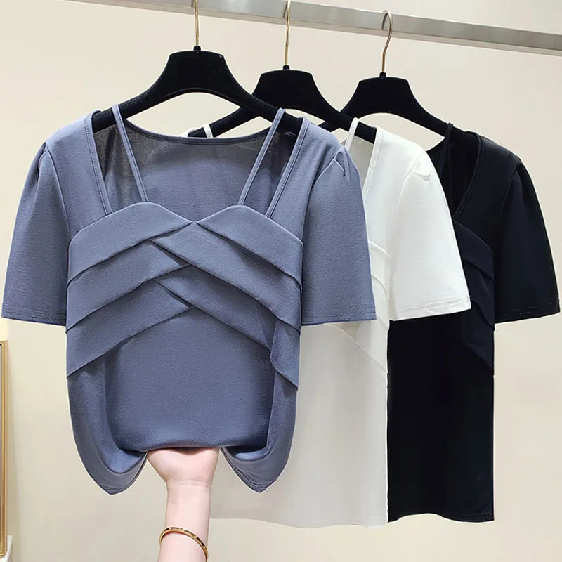 

Casual White Loose T-shirts for Women Fashion Korean Style Solid Short-sleeve Tops Summer V-neck Ladies Camisas De Mujer 27049
