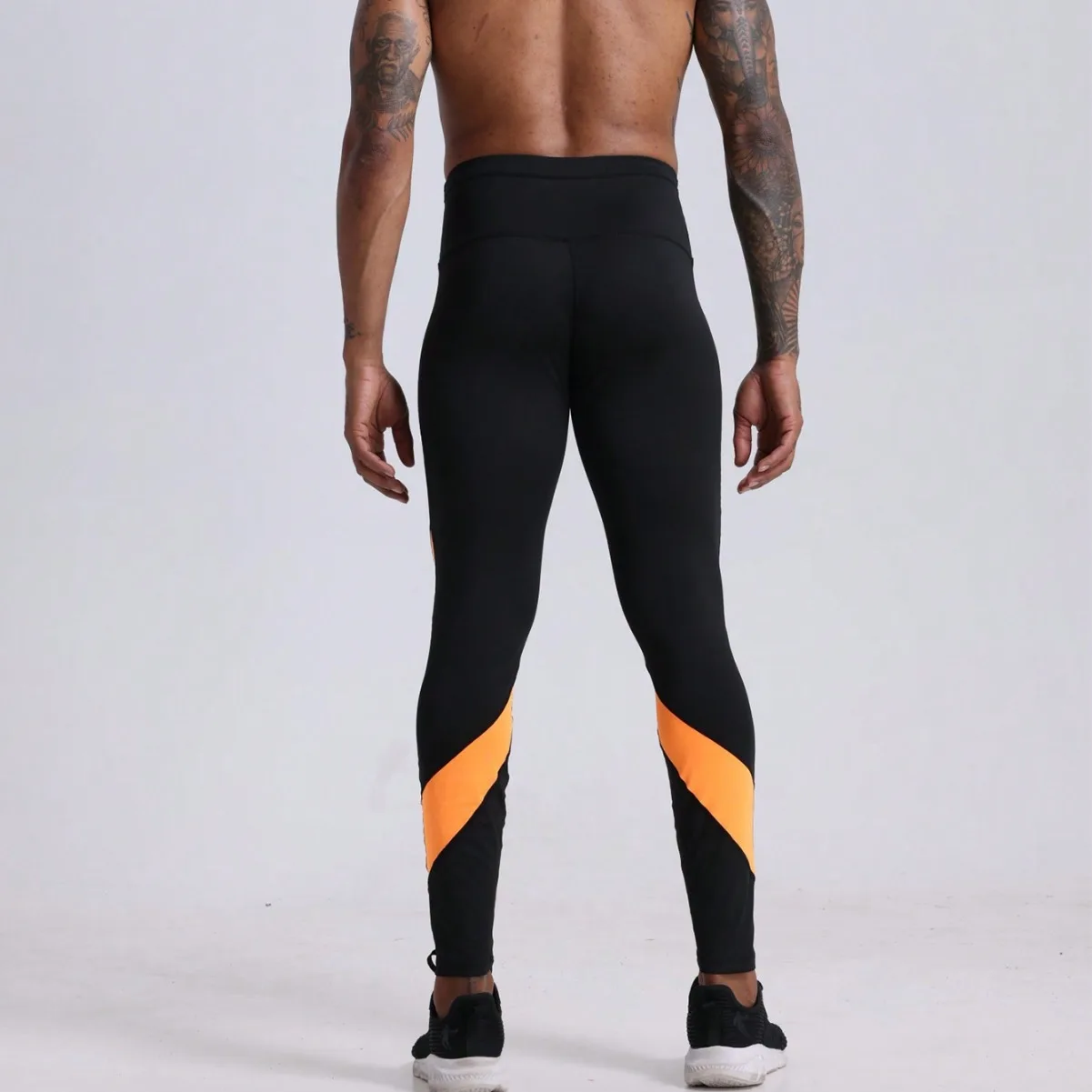 New Running Men Sport Tights High Waist Cool Training Dry Fit Leggings Orange Black Elastic Bottom Pants Gym Sportwear