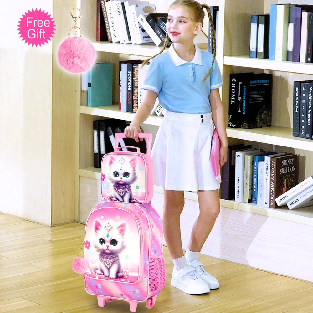 3PCS Rolling Backpack for Girls, Kids Roller Wheels Bookbag, Wheeled Elementary School Bag with Lunch Bag - Cat 6