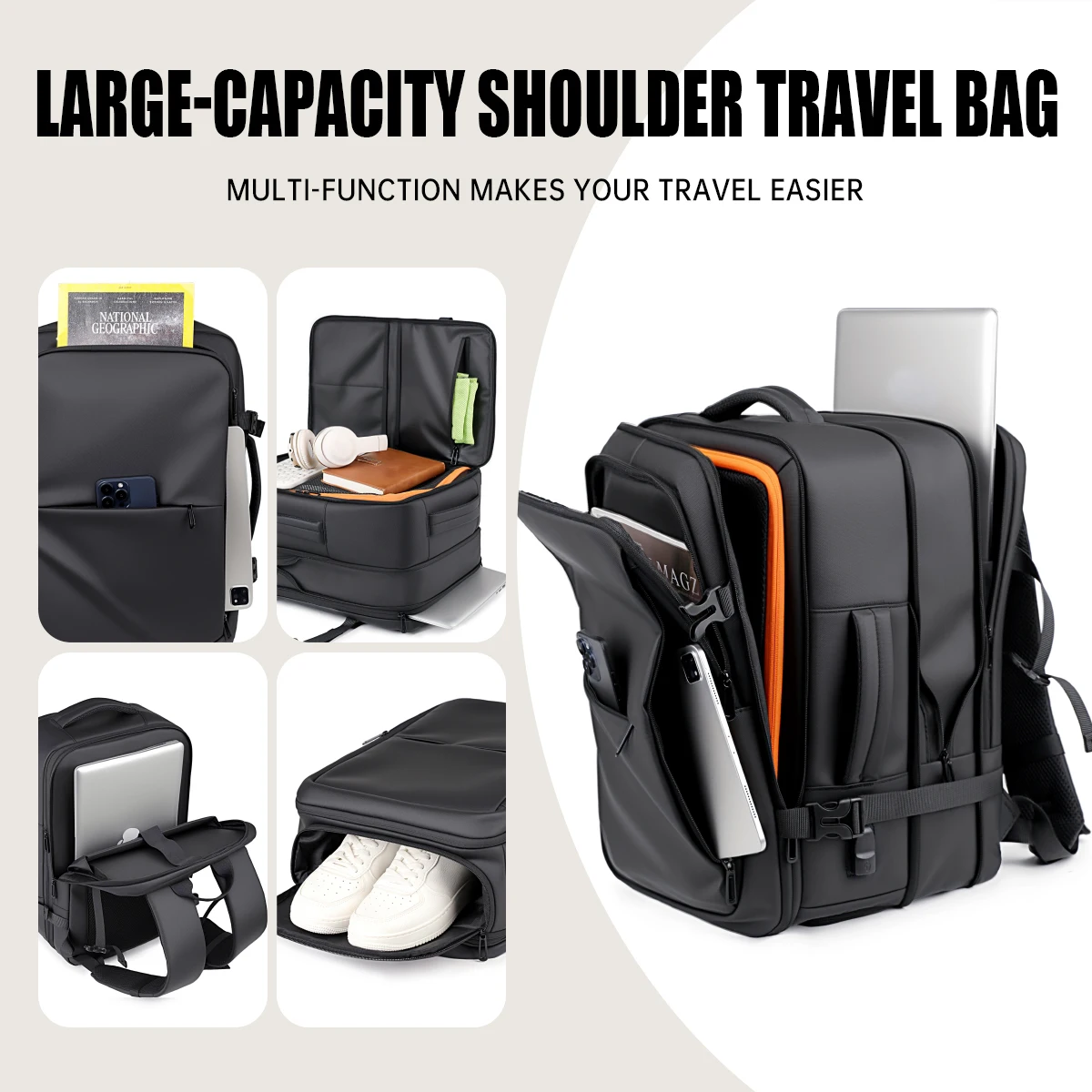 Urban Commuting Men's Large-Capacity Business Waterproof Backpack Travel Boarding Laptop Business Trip Backpack Women's Expandable Family Travel