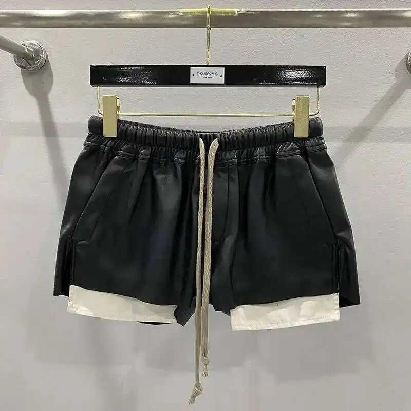 HKSH Women's Tide RO Style PU Leather Shorts Streetwear Fashion Pocket Comfortable New Versatile Dark Chic Y2K Punk Capris H2512