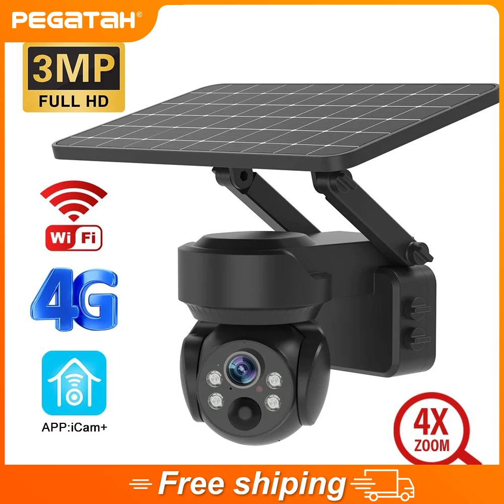 

PEGATAH NEW 3MP Solar Camera Outdoor 4G/Wifi Camera 4X Optical Zoom Motion Detection Full Color Night Vision Security IP Cameras