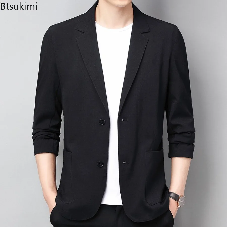 Nouveaux hommes manteaux minces Style coréen mince costume vestes printemps automne lin couleur unie blazers