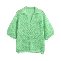 Women Fashion Jacquard Solid Knitted Hollow Out Pullover Sweater Vintage Lapel Neck Short Sleeve Female Chic Lady Tops