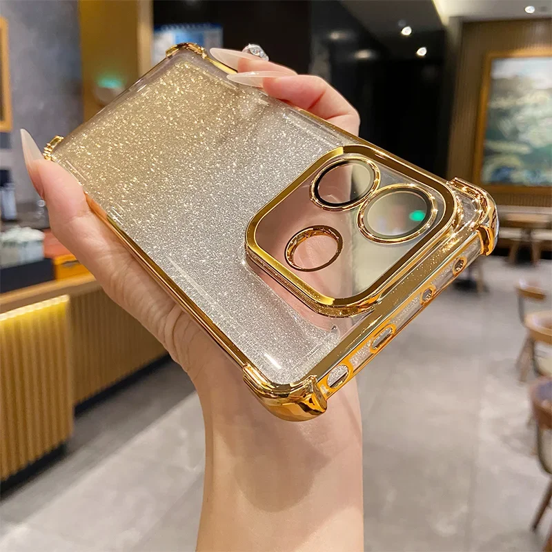 Glitter Air Bag Plating Shockproof Soft Case with Full Lens Protection Back Cover