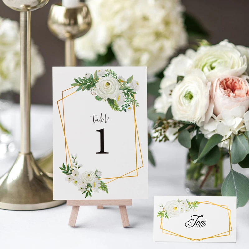 75Pcs Simple Table Numbers Card Greenery Eucalyptus Flower Golden Frame Place Cards for Wedding Party