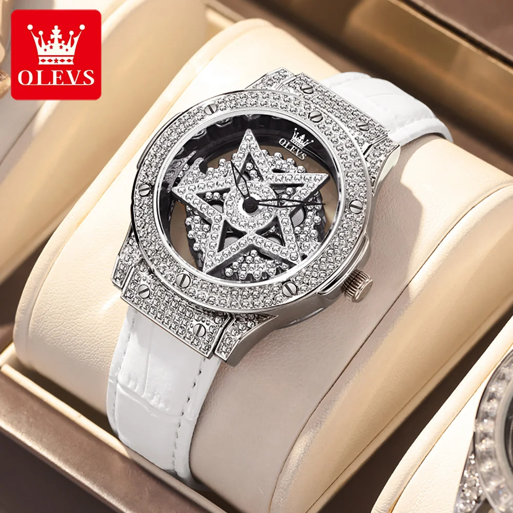 

OLEVS New Women Watch Luxury Diamond Elegant Silver Quartz Watches For Ladies Five-pointed Star Can Be Rotated Womens Wristwatch