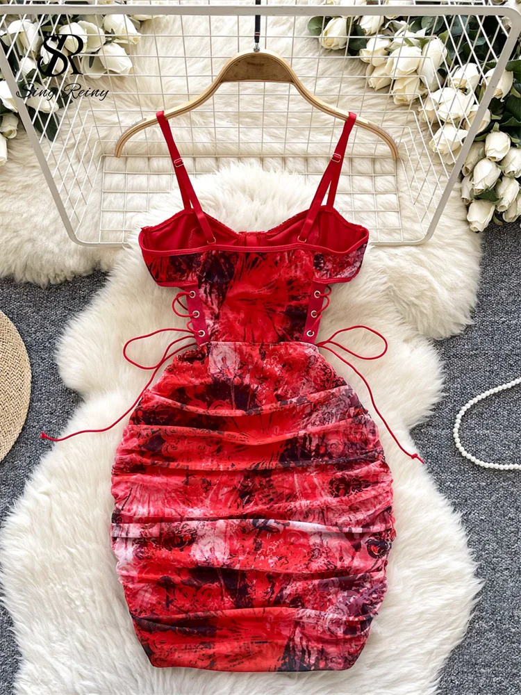 SINGREINY Women Sexy Folds Sheath Dress Sleeveless Bandage Design Slim Dresses Fashion Hollow Out Sensual Camis Club Print Dress 4