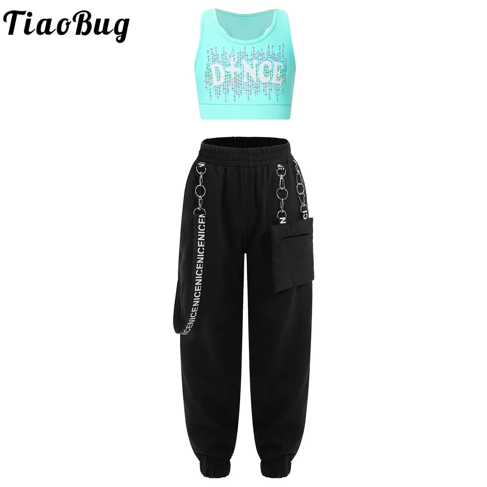 Kids Girls Sleeveless Round Neck Printed Racerback Crop Top with Metal Chain Pocket Jogger Pants for Sports Dance Skateboarding