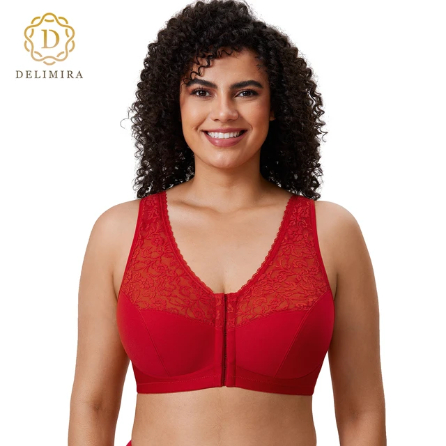 DELIMIRA Women's Full Coverage Wirefree Lace Plus Size Front Closure Bra  Racerback 