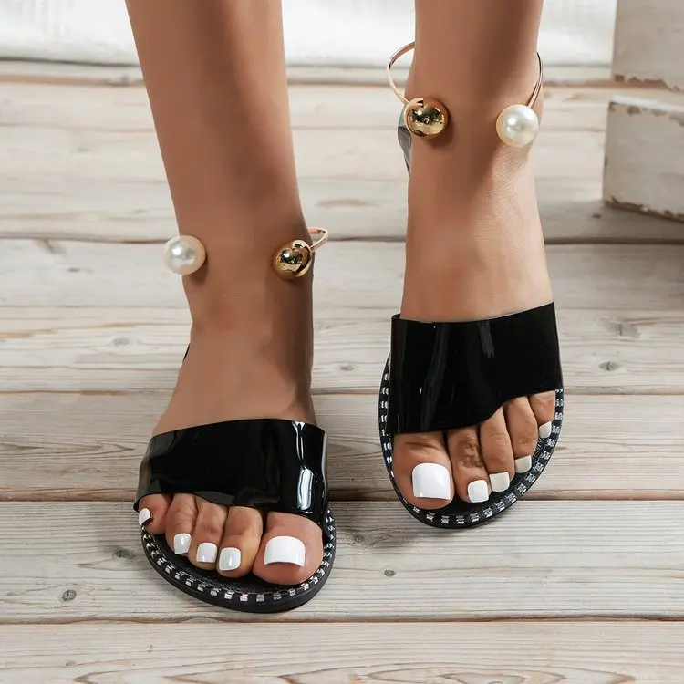 2022 New Summer Women Beaded Pearly Sandals Slippers Shoes Ladies Flats Sandals Flip Flop Casual Flat Slingback Sandals Shoes 