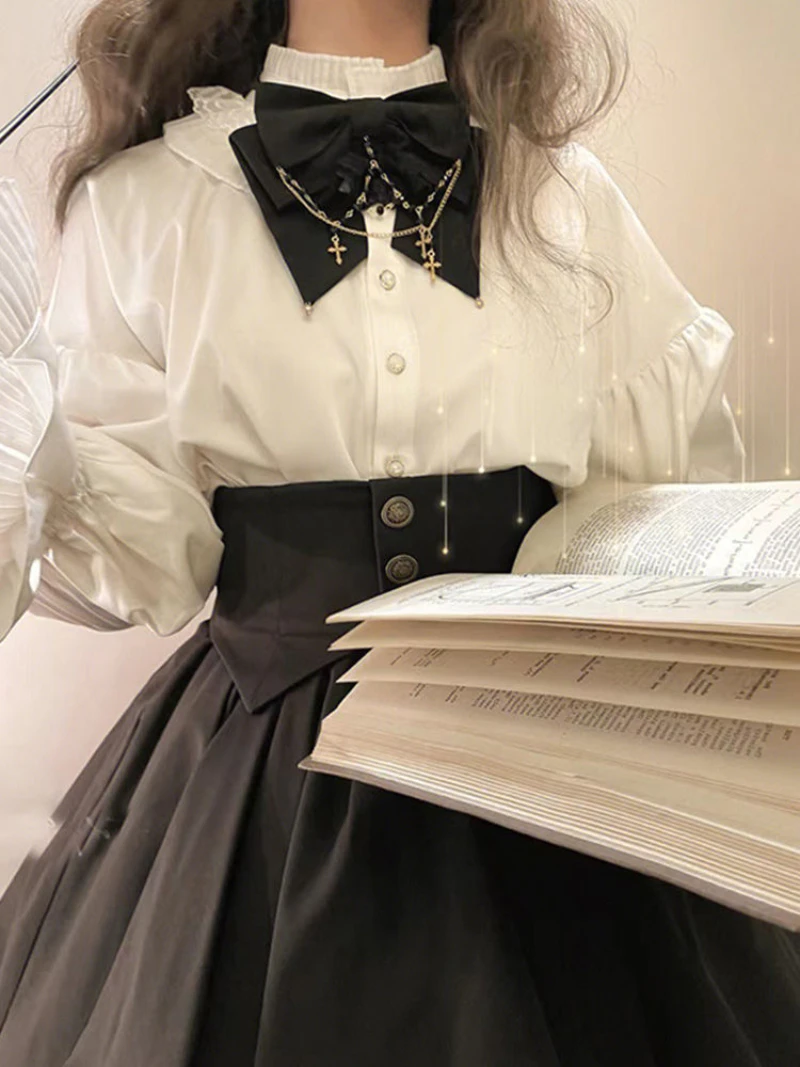 Japanese Victorian Gothic Lolita Skirts Women Two-piece Set Vintage Lantern Sleeve Shirt Organ Petticoats Belted Pleated Skirt