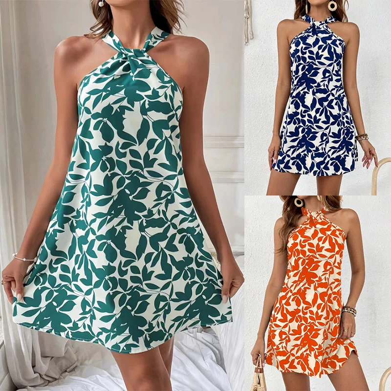 

2024 Summer New Print Hanging Neck Sexy Party Dress Women's Sleeveless Backless Fashion Mini Beach Sundress