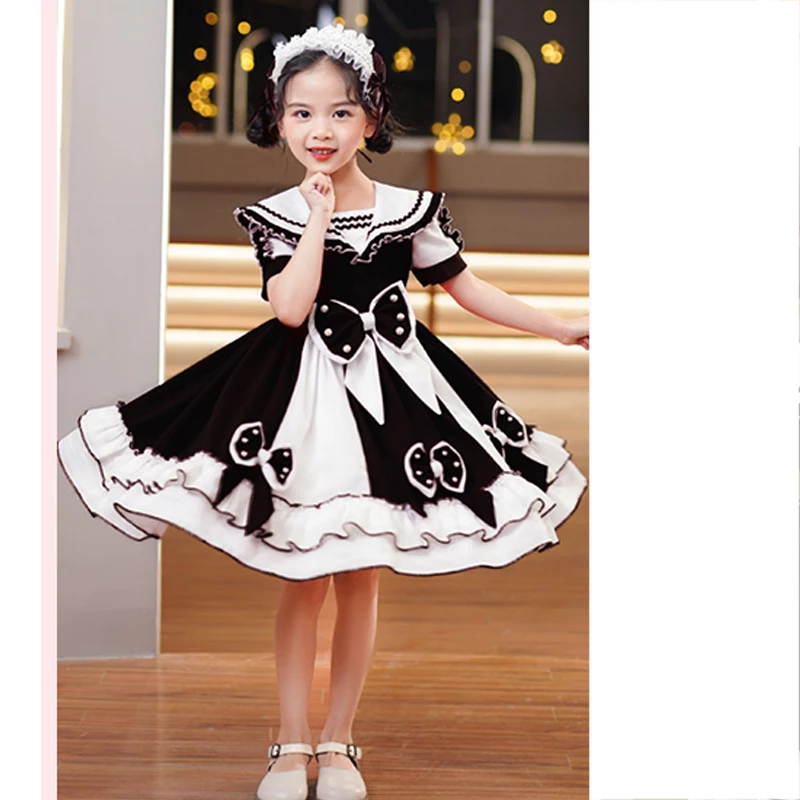 Classic Lolita Costume Cosplay Baby Girl Korean Style Dress With Bow Kawaii For Kids Short Sleeve Elegant Patchwork Hit Color