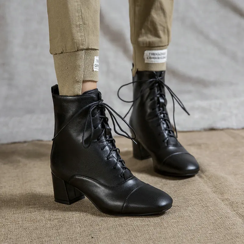 Autumn Winter Women Boots Fashion Square High Heel Shoes Elegant Lace Up White Ankle Boots Black Party Office Shoes Woman 34-43