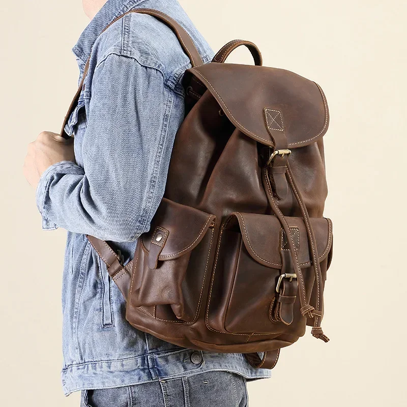 Genuine Leather Men's Backpack Vintage Casual Bag with Large Capacity