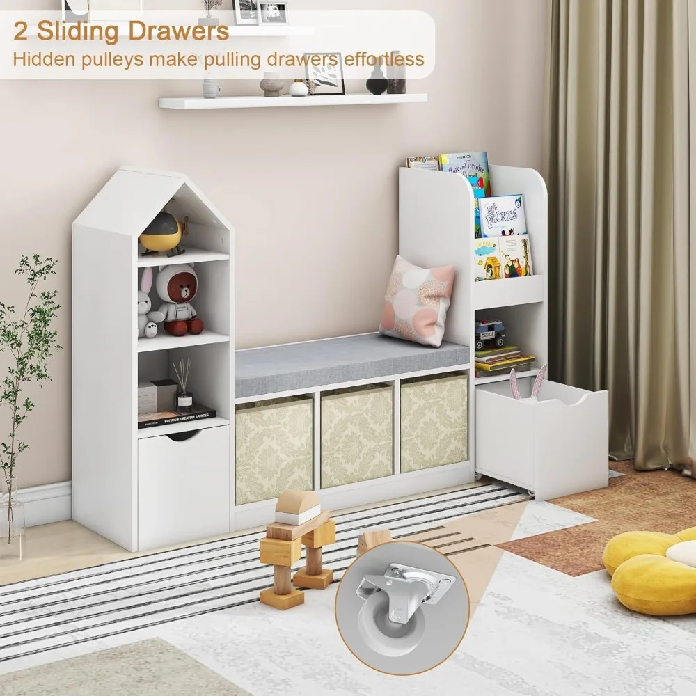 Kids Bookcase and Bookshelf with Reading Nook, Multifunctional Bookcase with 7 Storage Cubbies 2 Movable Drawers 3