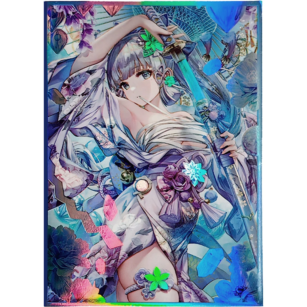 

50PCS 67×92mm Holographic Flashing Anime Card Sleeves Kamisato Ayaka Top Loading Cartoon Deck Shield Card Cover for MTG/PKM/PTCG
