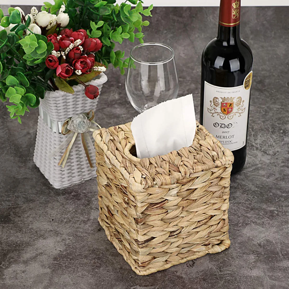 1pc Hand-woven Straw Tissue Box Water Gourd Napkin Cover for Bathroom Kitchen Openwork Household Toilet Sundries Square Storages 4