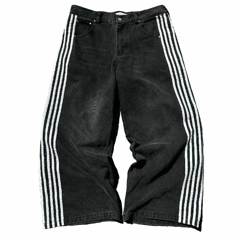 HCW American Jeans Y2K Clothes Mens Harajuku Hip Hop Striped Letters Embroidered Baggy Jeans Black Pants Rock Wide Leg Trousers 4