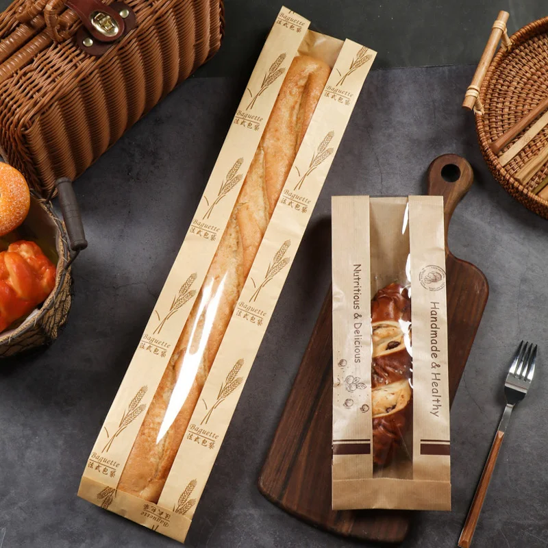 100 Pieces Kraft Paper Long Bread Bags with Transparent Window, Waterproof & Oil-Re... - SKU PLBB1237 - UGI Packaging