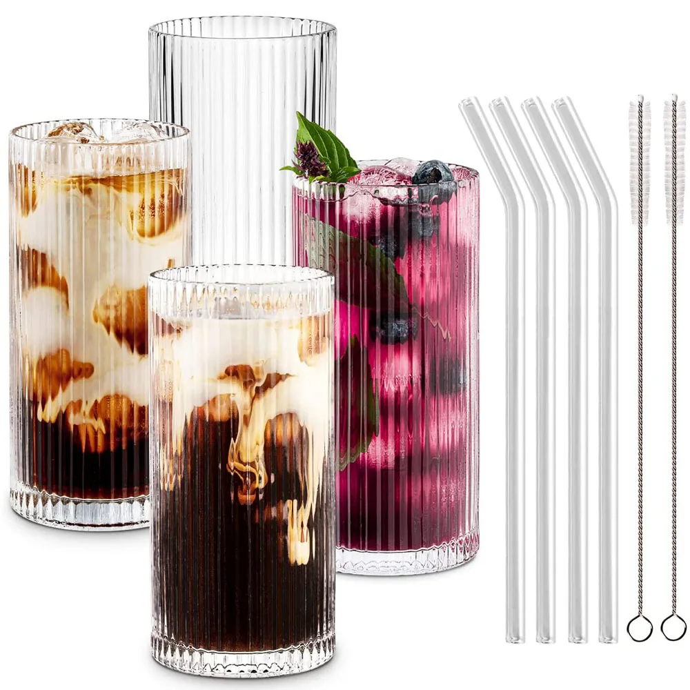 Combler Glass Cups with Straws, Drinking Glasses 12.5oz, Ribbed Glassware  Set of 4, Iced Coffee Cup, Coffee Bar Accessories - AliExpress