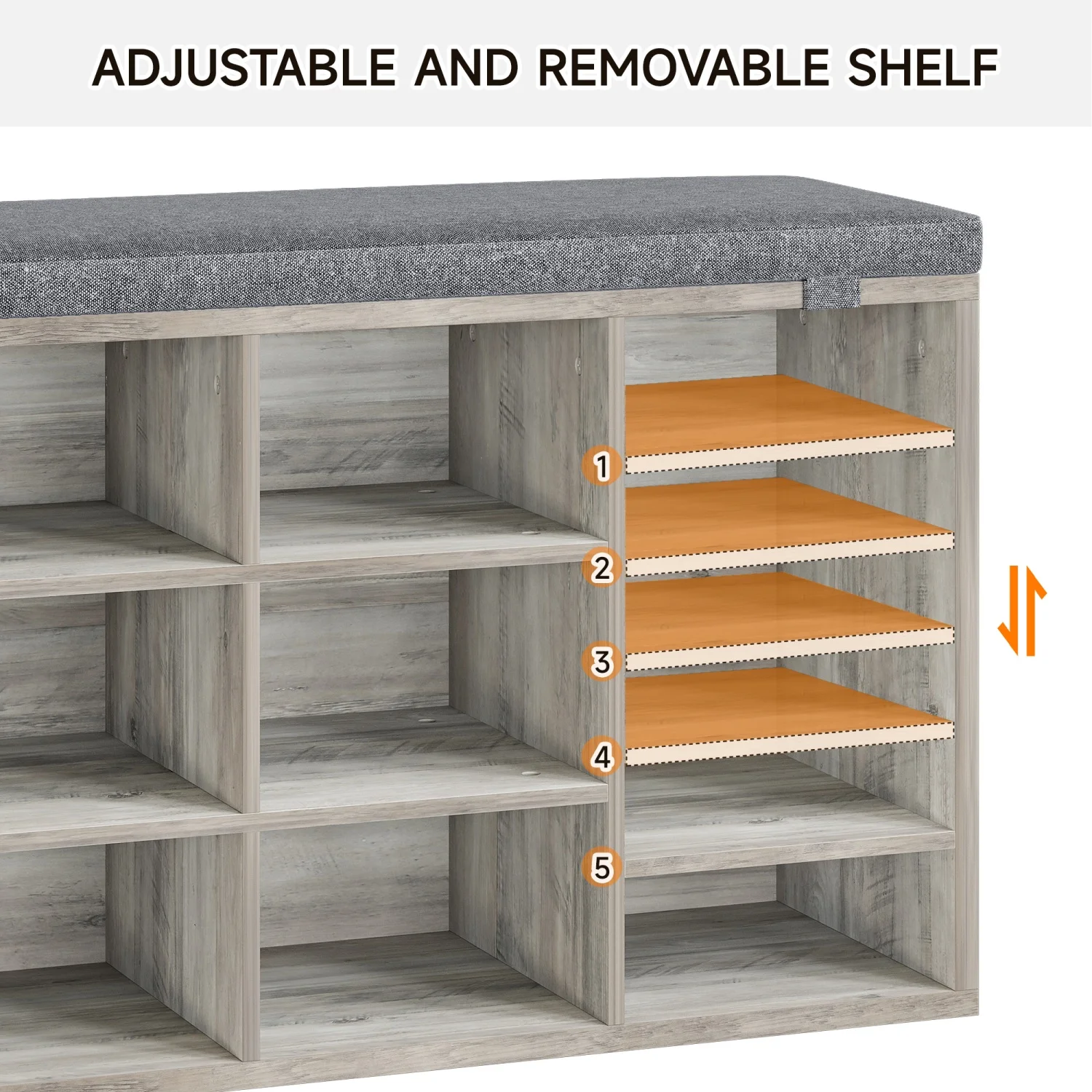 Schuhbank mit Kissen, Schuhaufbewahrungsbank mit 10 Fächern und verstellbaren Regalen, Eingangsbank für Schlafzimmer und Wohnzimmer – Detail 7