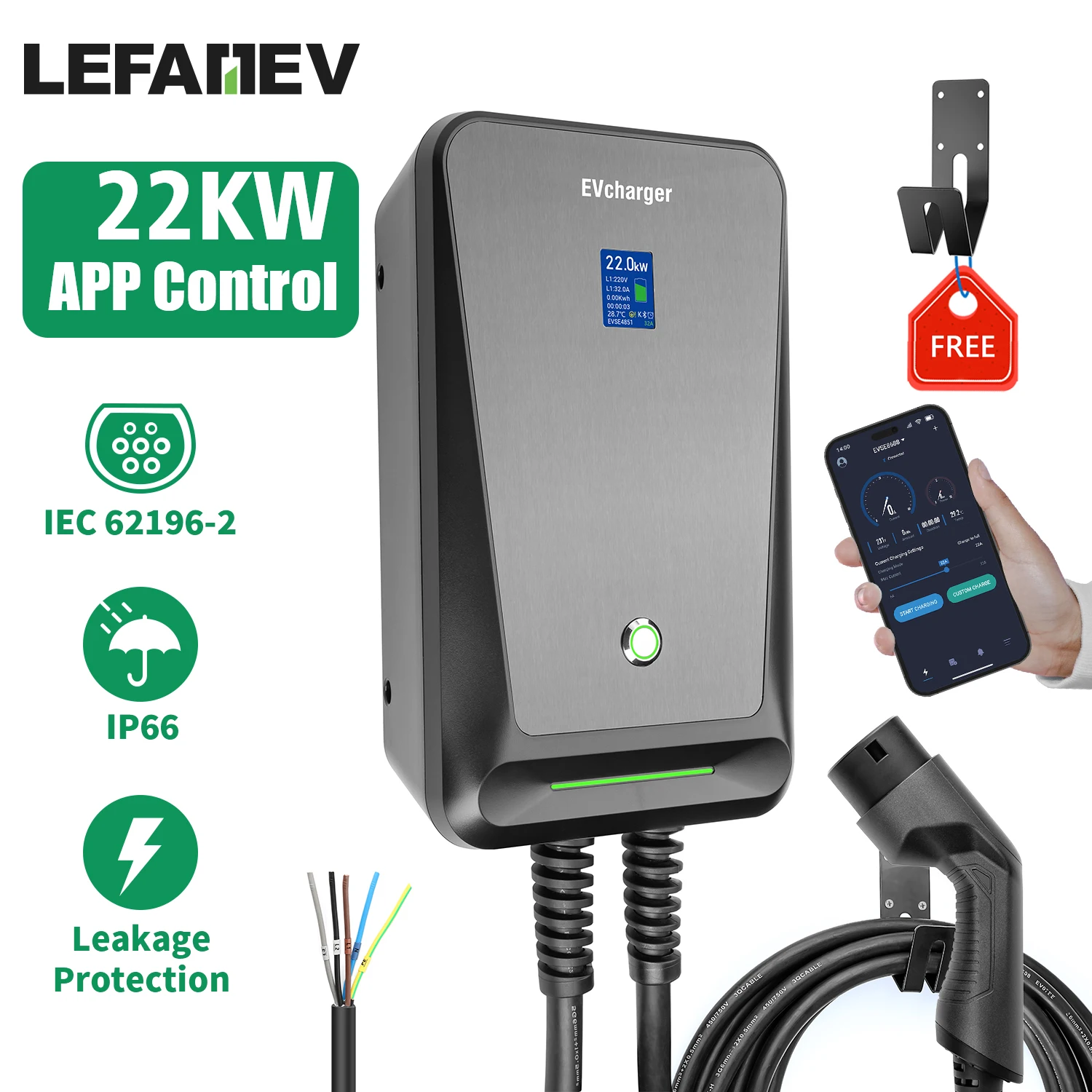 LEFANEV 40A EV充電器 レベル2ステーション NEMA6-50 壁電気自動車充電ステーション 20フィートケーブル、9.6KW 電気 40A ポータブル EV 充電器工場、サプライヤー - 中国 40A ポータブル