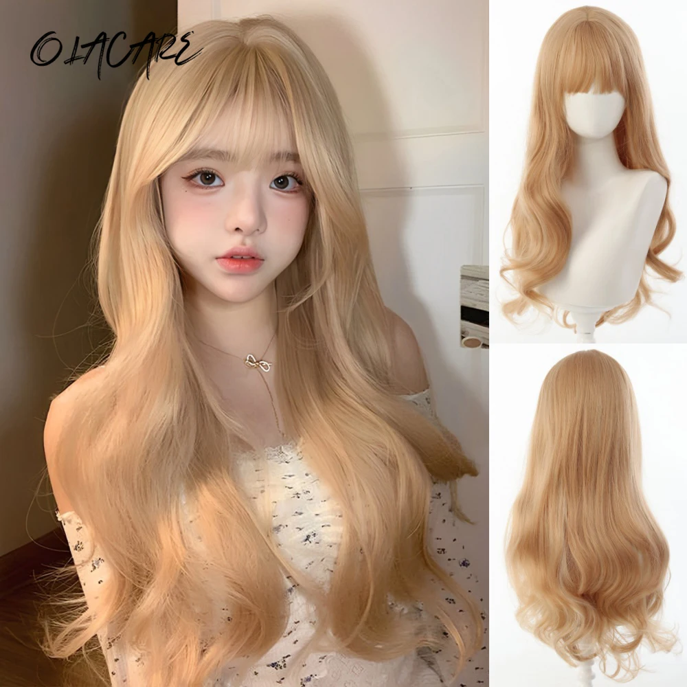 Blonde Synthetic Wigs for Women with Bangs and Natural Wave