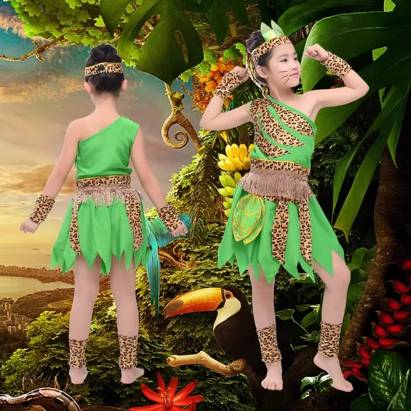 African Dress Children Costume Green Children's Wear Plays Out Costume Tage Costume African Dance Indian Savage Hunter Show Dance-BC9886