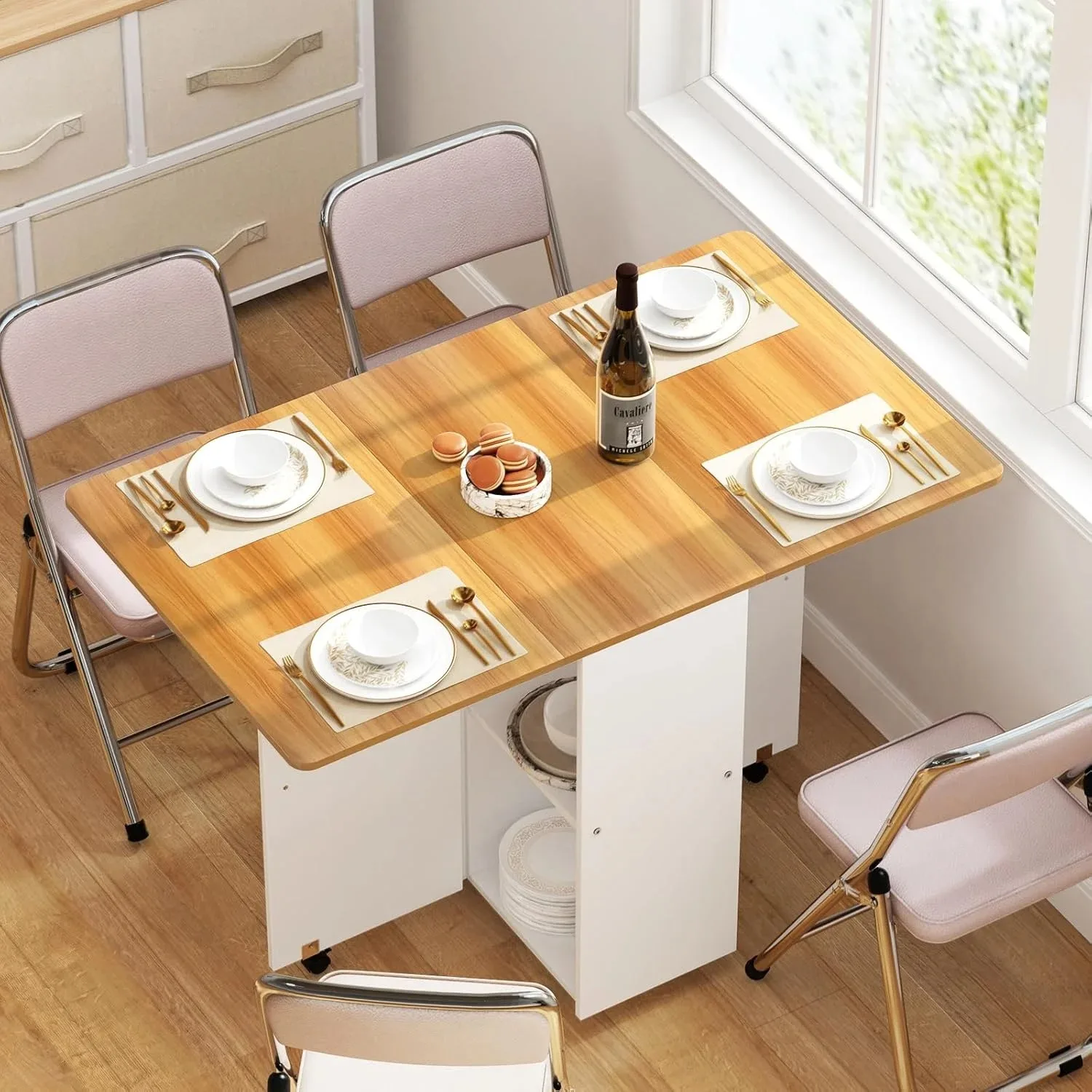 Klapptisch mit Rollen Mobiler Klapp-Esstisch Holz Faltbarer Beistelltisch Holz Ausziehbarer Esstisch Platzsparend – Detail 4