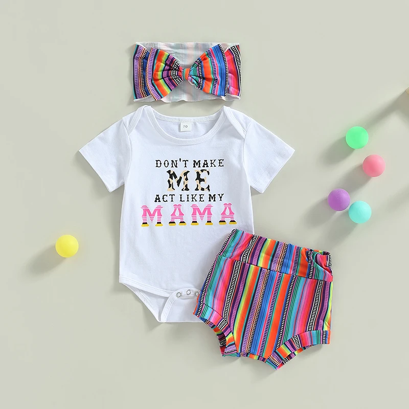 

Baby Girls Shorts Set, Short Sleeve Letters Print Romper Tops Striped Shorts with Bowknot Hairband 3-18Months