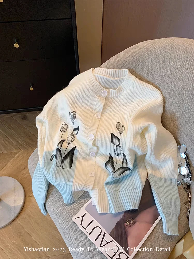 

Женский базовый белый кардиган, свитер с круглым вырезом и длинным рукавом-фонариком, Классический Модный пуловер с цветочным принтом, новый дизайн, осень