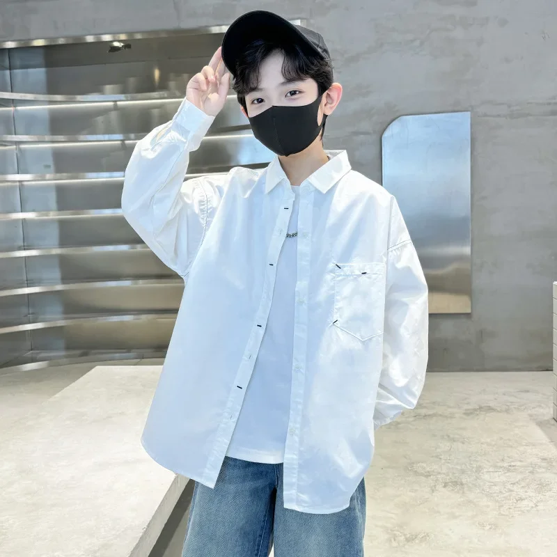 White Long Sleeve Shirt for Boys Spring Autumn Style Children's Clothing Trendy And Handsome Boy's Fall Fashion