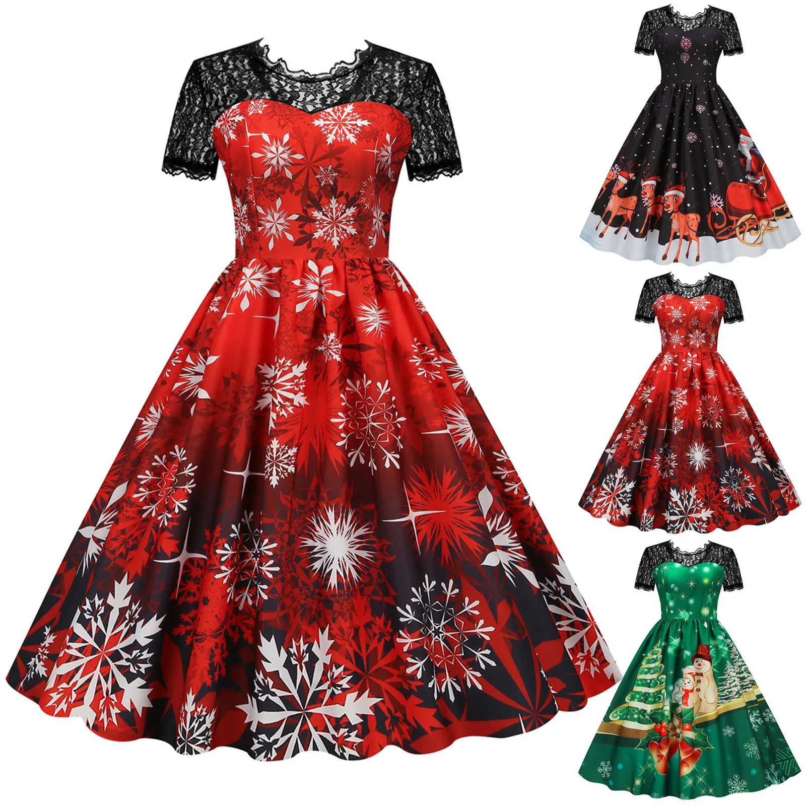 

Women Christmas Short Sleeve Lace 1950s Housewife Evening Party Prom Dress Dress for Summer