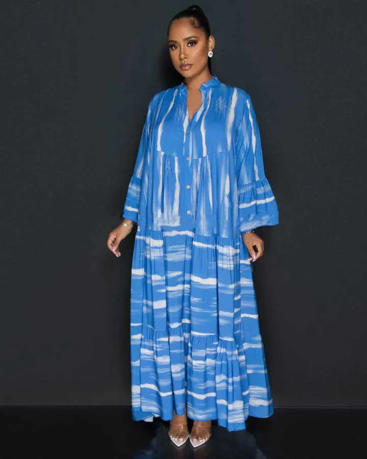 

Summer Women's V Neck and Long Sleeves Fashion Loose Long Dress Printed Casual Loose Long Dress