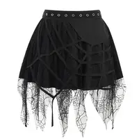 Women Skirt Halloween Spider-Web Decor Tassel Mini Skirt Elastic Waist Big Hem Gothic Metal Holes Summer Skirt Party Garment 1